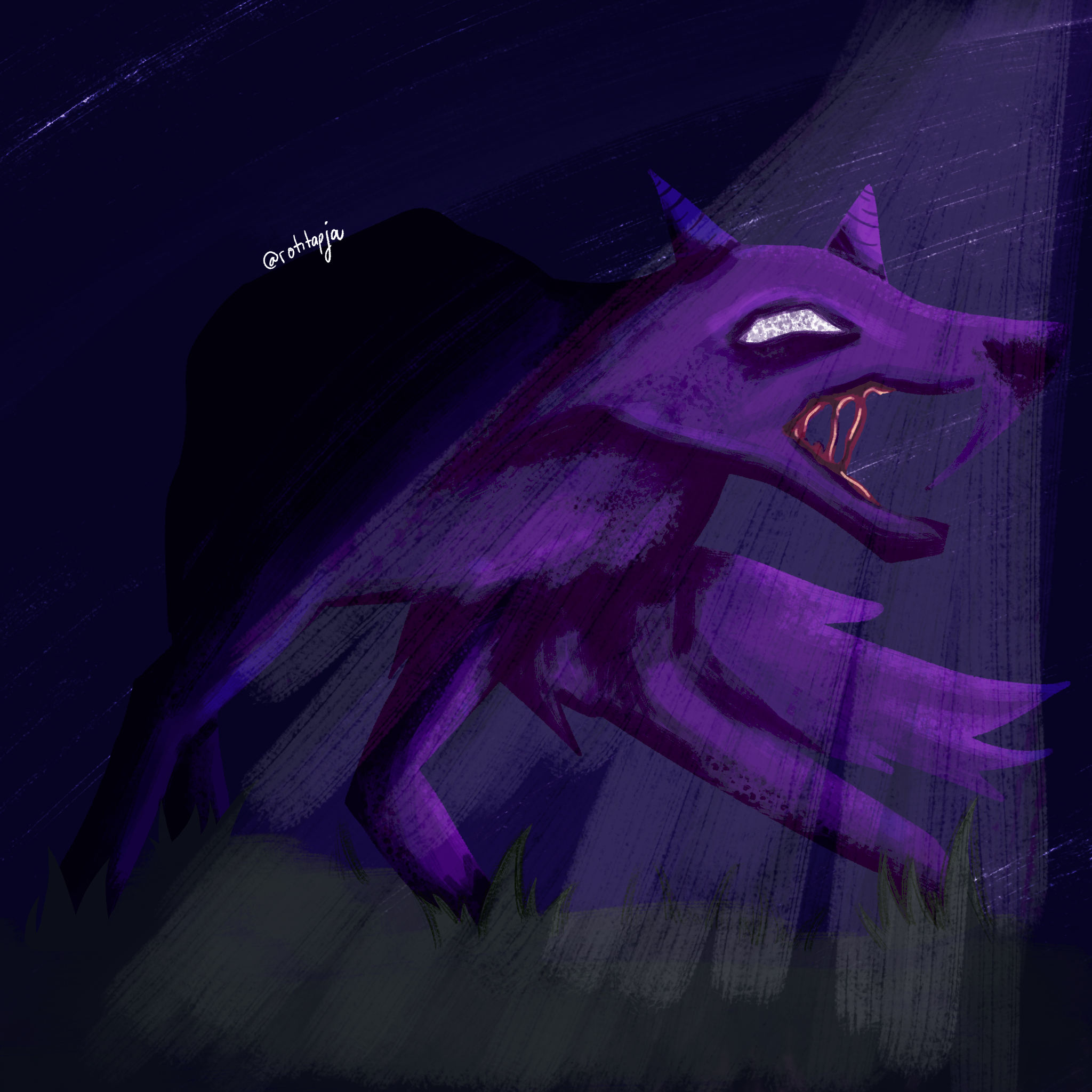 A purple wolf-like creature showing aggressiveness towards something at night time standing on a grassy area. Its eyes are sharp and glowing white.