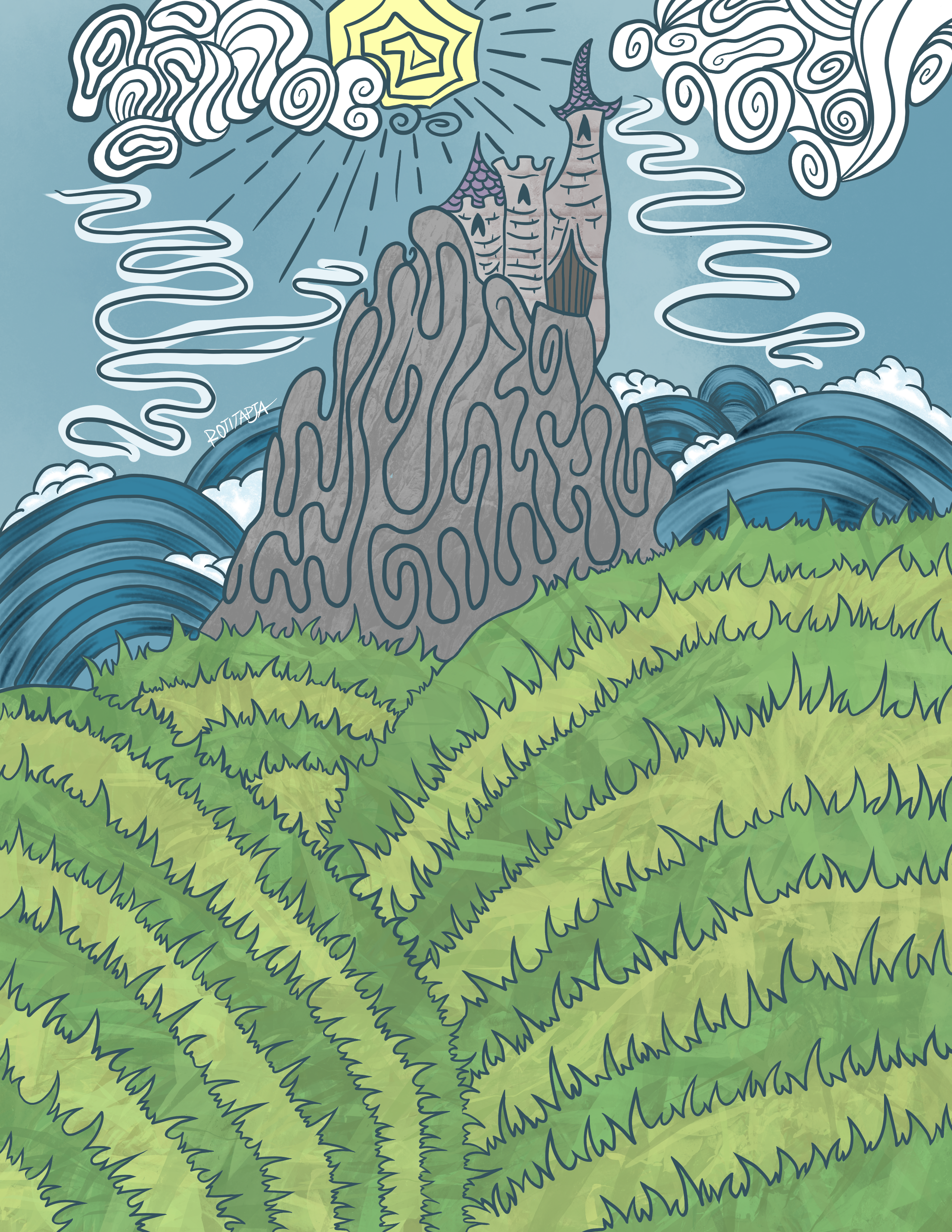 an illustration green circullar hills with a gray mountain further away, illustrated by swirly lines. On the mountain there is a castle. In the background there are blue waves drawn with circular shapes and white clouds with swirly linework with sun peaking out from behind.