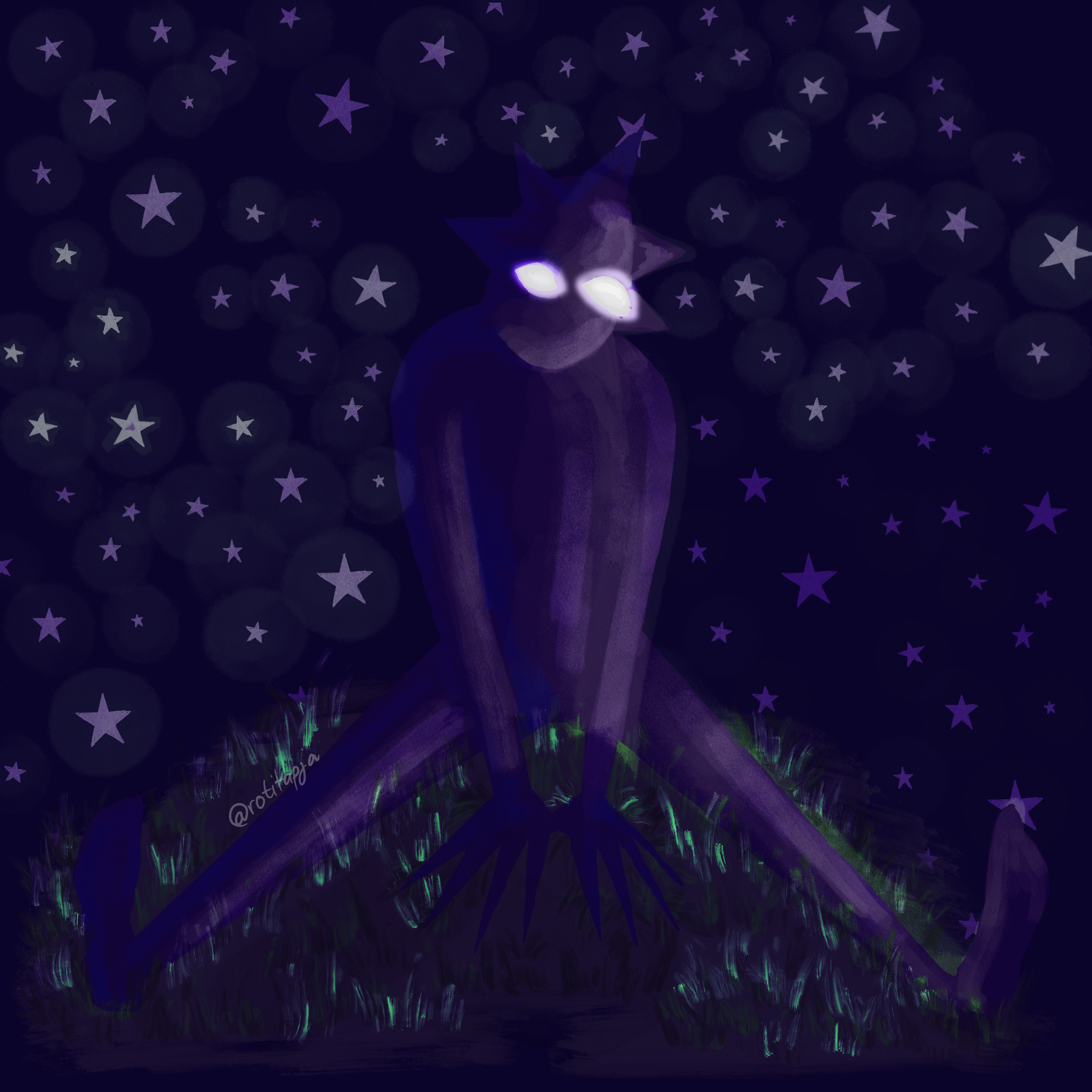 Omnious purple creature with triangle shapes around its head representing a sun shape and white glowing eyes. It is sitting on a grassy hill legs spreading out and hands in the middle touching the ground looking towards the viewer. It is night time with white glowing stars all around in the background