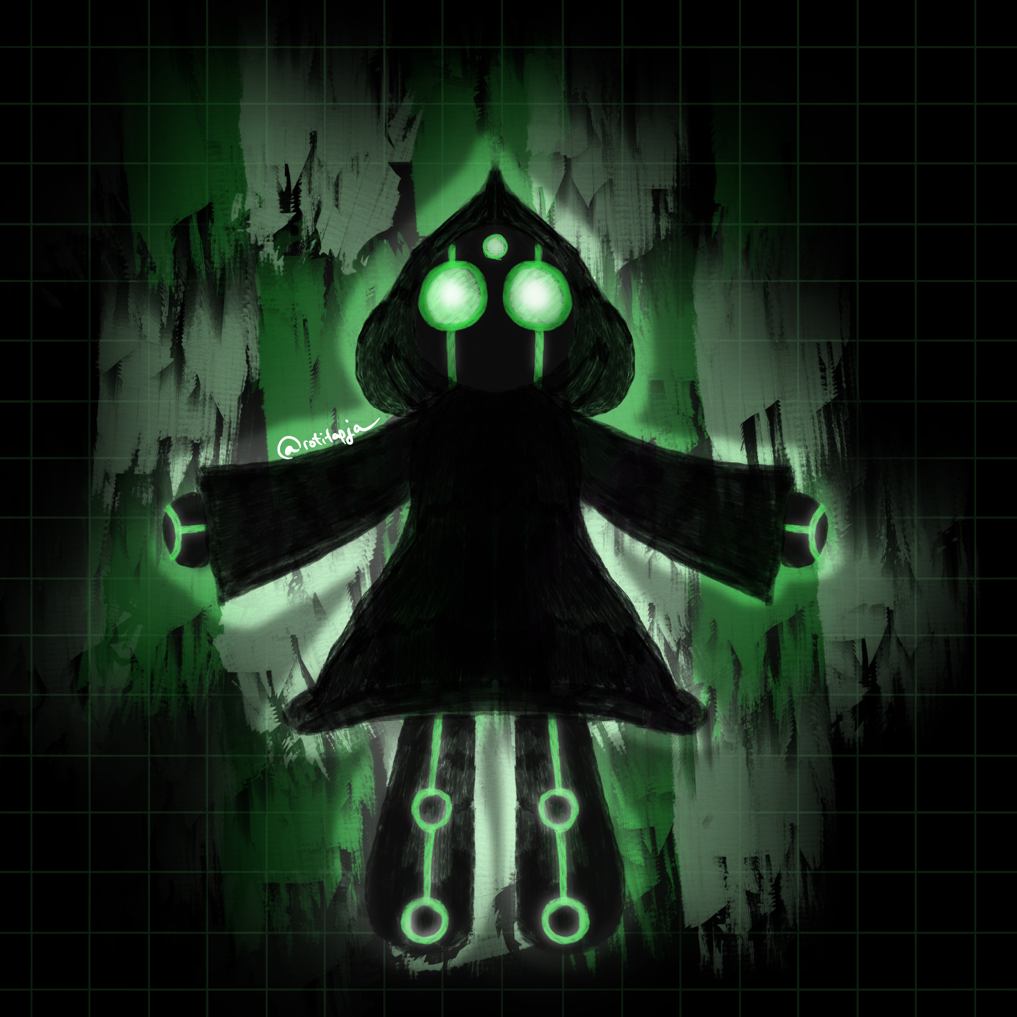 Digital art of a character in a black robe floating and is seen from the front perspective. The character has two light green circles eyes which have darker green outlines. The green outline shapes can be also seen on the top of the arms and legs of the character. The background is black and green with a grid layer with some opacity