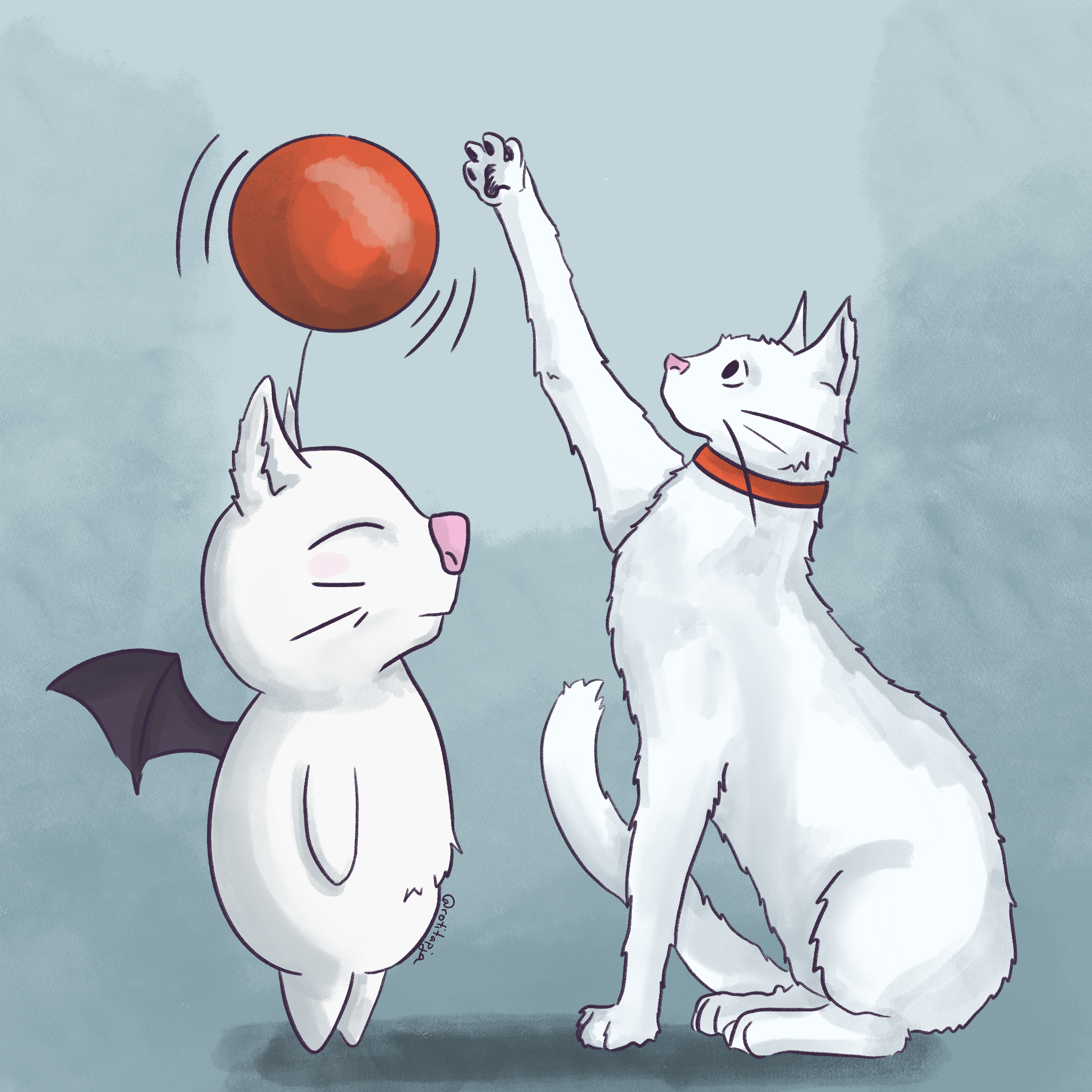 Side view of Mog from Final Fantasy (a white creature standing on two legs, has cat-like triangle shaped ears, bat wings and a red balloon like shape on the head looking towards a white cat sitting in front of it. The white cat is trying to hit the red balloon shape with its paw
