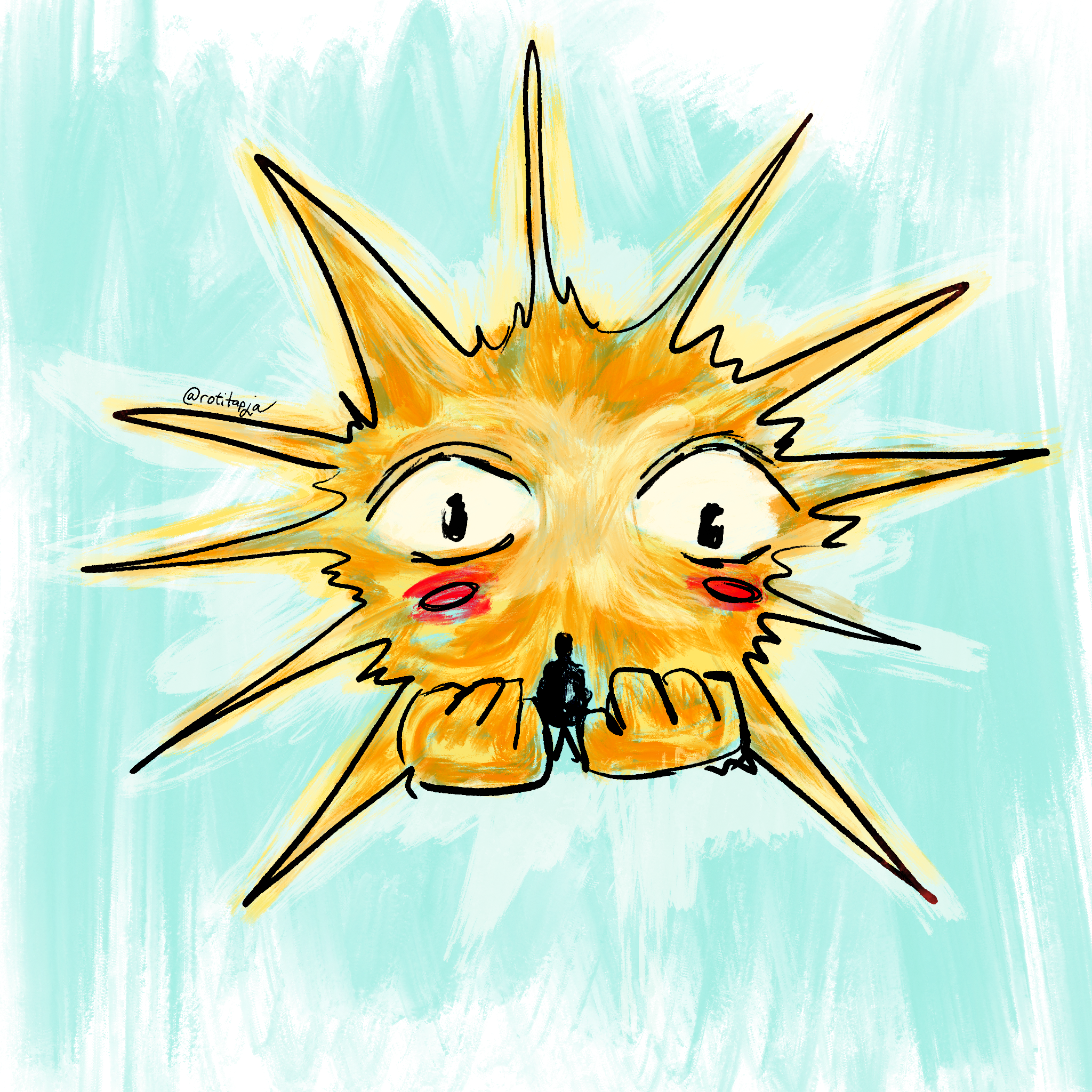 Bright yellow sun with eyes and bright red cheecks holding hands in front a human like shape sitting on hands. The sun is drawn in this sketch and cartoon like style and coloured with paint brush like textures.