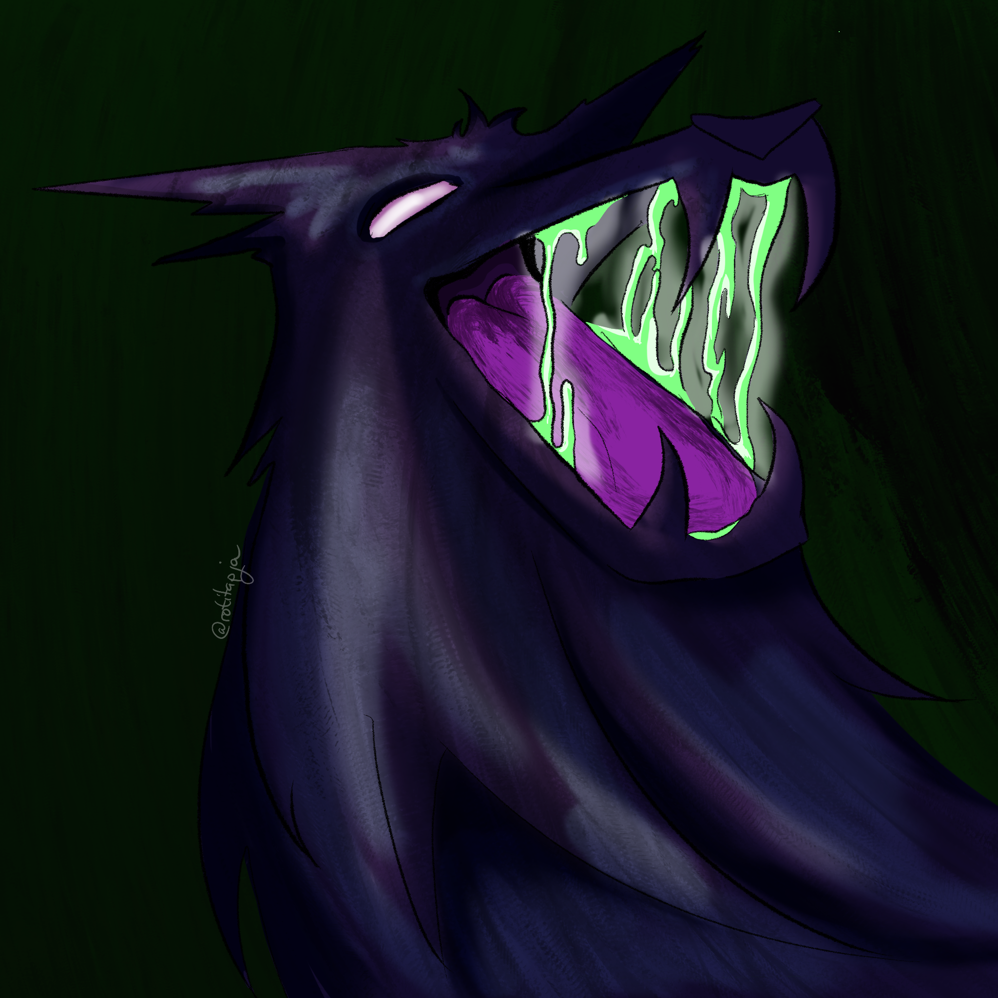 Close up head shot of a dark purple wolf drawing with dark green background growling. It is drooling green glowing liquid which can be seen from the mouth being open